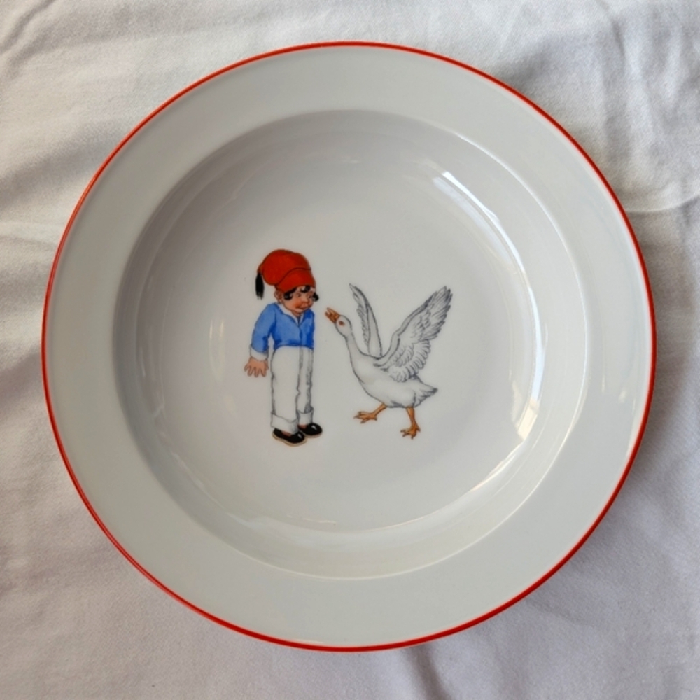 Arzberg Germany Porcelain Boy & Goose Red Rim Soup Bowl Vintage